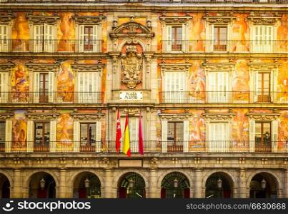 facade of old building on Plaza Mayor, Madrid, Spain, toned. facade of old building, Madrid, Spain
