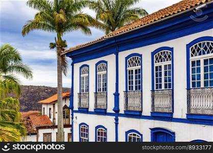 Facade of old colonial style houses in the historic town of Diamantina in Minas Gerais. Facade of old colonial style houses