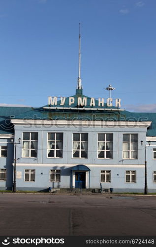 Facade of station in port Murmansk, north Russia