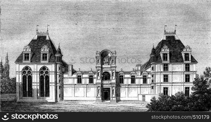 Facade of the Chateau Ecouen, in its primitive state, vintage engraved illustration. Magasin Pittoresque 1843.