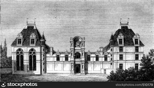 Facade of the Chateau Ecouen, in its primitive state, vintage engraved illustration. Magasin Pittoresque 1843.