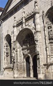 Facade of the Church of Our Lady of Mercy, the only wall remaining after the 1755 earthquake, built in Manueline Gothic style.