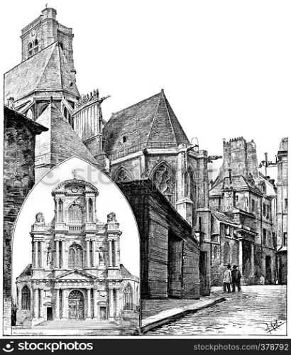 Facade of the church of Saint-Gervais and St. Protais, Apse view of the street bars, vintage engraved illustration. Paris - Auguste VITU ? 1890.