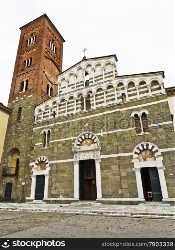 Facade of the Church of San Pietro Somaldi and Campanile in Lucca, Tuscany, Italy
