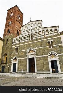 Facade of the Church of San Pietro Somaldi and Campanile in Lucca, Tuscany, Italy