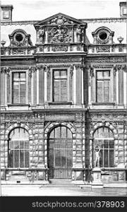 Facade of the Henry IV Gallery at the Jardin de l'Infante at the Louvre Museum in Paris, France. Vintage engraving.