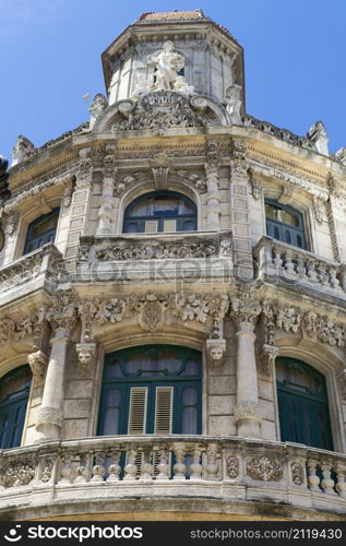 Facade of the historic building in the center of the old havana, Cuba.