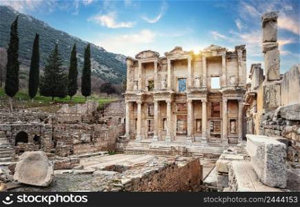 Facade of the Library of Celsus in Ephesus in the afternoon. Turkey. Facade of Library of Celsus in Ephesus in afternoon