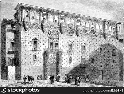 Facade of the Palace of Guadalajara, vintage engraved illustration. Magasin Pittoresque 1852.