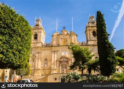 Facade of the Saint-Laurent collegiate church in Vittoriosa (Birgu) - Three cities, Malta