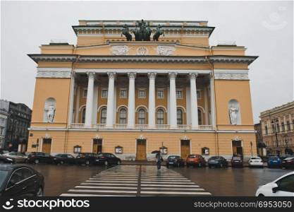 Facade of theater of the drama located on Ostrovsky Street of the city of St. Petersburg.