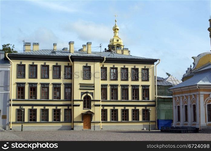 Facade of yellow house in Petropavlovskaya krepost, St-Petersburg, Russia