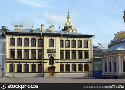 Facade of yellow house in Petropavlovskaya krepost, St-Petersburg, Russia