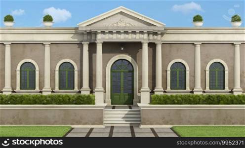 Facade with neoclassical villa with luxury garden garden - 3d rendering. Neoclassical villa with garden