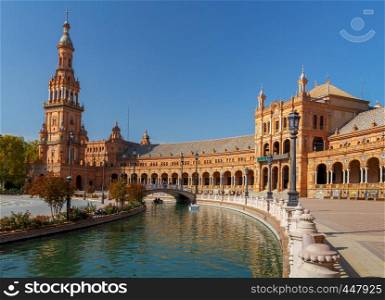 Facades of buildings on the Spanish square or the Plaza de Espana. Andalusia.. Seville. Spanish Square or Plaza de Espana.
