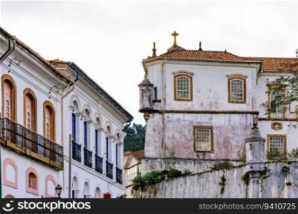 Facades of historic buildings at the entrance to the city of Ouro Preto in Minas Gerais. Facades of historic buildings in Ouro Preto