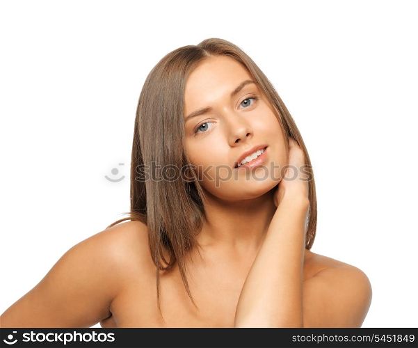 face and hands of beautiful woman with long hair