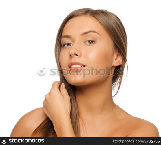 face and hands of beautiful woman with long hair