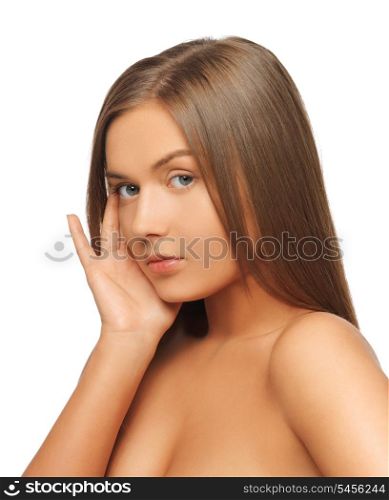 face and hands of pensive woman with long hair