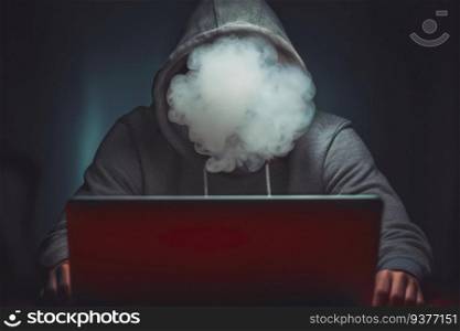 Face covered with smoke. Anonymous man using computer to break security. Cyber security threat. Internet and network security. Stealing private information. Person using technology to steal password and private data. Cyber attack