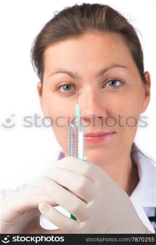 face doctor and syringe close up on a white background