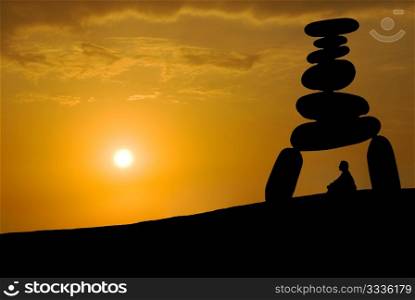 Face huge stress, meditation under sunset, Zen concept.