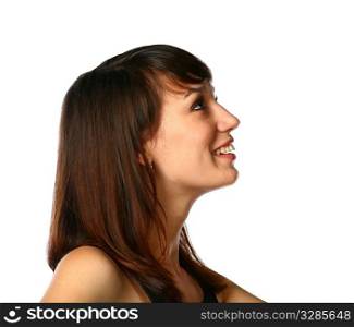 face in profile of smiling brunette girl isolated on white
