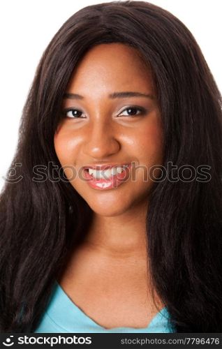 Face of a beautiful African Caribbean teenager girl with long black hair, isolated.