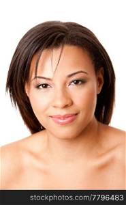 Face of a beautiful attractive happy young woman with short hair, skincare concept, isolated.