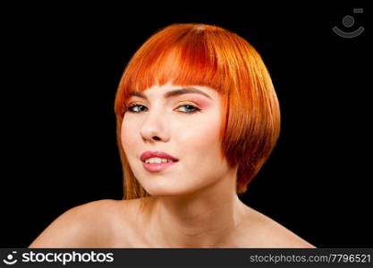Face of a beautiful Caucasian redhead girl with glossy blue eyes, isolated