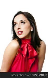 Face of a beautiful happy Caucasian Hispanic woman with red satin bowtie shirt and red lipstick, isolated.