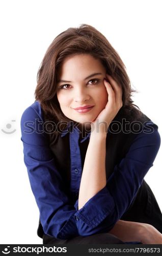 Face of a beautiful young caucasian business student woman in blue shirt leaning head on hand, isolated