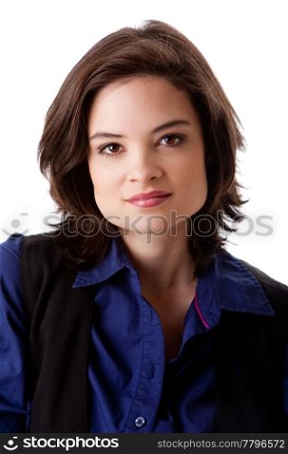 Face of a beautiful young caucasian business student woman in blue shirt, isolated