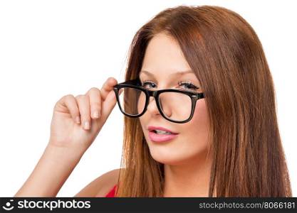 face of a young and beautiful woman with glasses closeup on white background