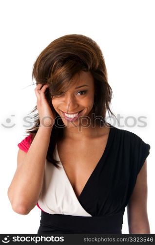 Face of beautiful African American business woman with a smile and shy expression and hand in straight hair, isolated.
