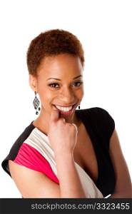 Face of beautiful African American business woman with big happy smile and hand on lip, isolated.