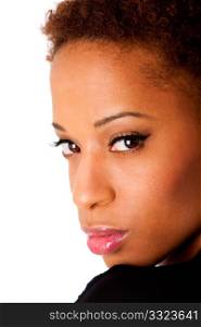 Face of beautiful African American woman with natural makeup and perfectly smooth skin, looking over her shoulder, isolated.