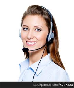 Face of beautiful smiling happy woman in headset