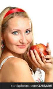 face of blonde girl with apple isolated on white