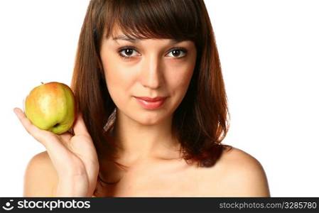 face of brunette girl with apple isolated on white