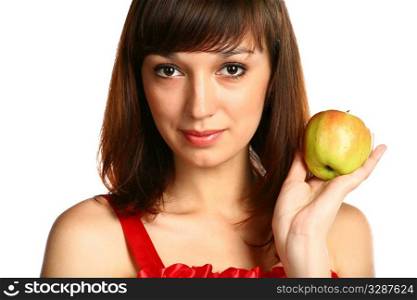 face of brunette girl with apple isolated on white