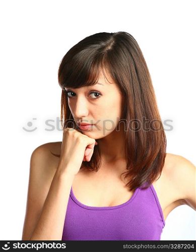 face of sad brunette girl isolated on white