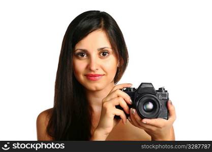 face of sexy brunette with photo camera isolated on white background