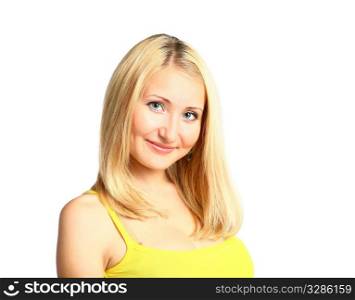 face of smiling blonde girl isolated on white