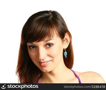 face of smiling brunette girl isolated on white