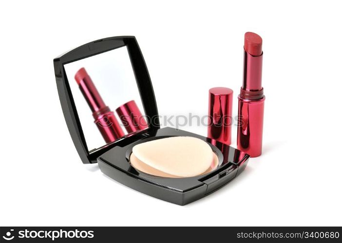 face powder and lipstick isolated on a white