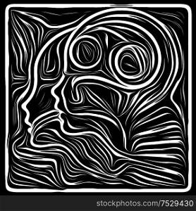 Face Woodcut. Life Lines series. Composition of human profile and woodcut pattern for projects on human drama, poetry and inner symbols