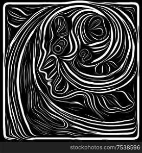 Face Woodcut. Life Lines series. Composition of human profile and woodcut pattern on theme of human drama, poetry and inner symbols