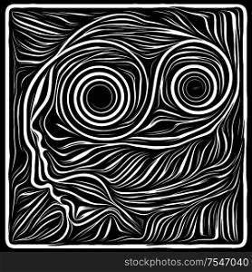 Face Woodcut. Life Lines series. Composition of human profile and woodcut pattern on theme of human drama, poetry and inner symbols