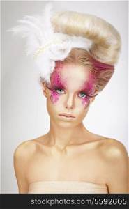 Faceart. Blonde with Skin Colored Pink, False Lashes and White Feather